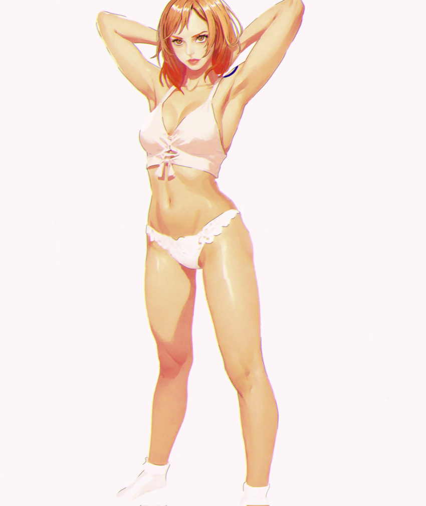 alternate_costume ankle_socks armpits arms_behind_head arms_up breasts camisole chromatic_aberration crop_top female full_body heyy_vivii highres looking_at_viewer medium_breasts nami_(one_piece) navel one_piece orange_eyes orange_hair panties pink_lips short_hair shoulder_tattoo socks solo standing tattoo underwear white_camisole white_panties white_socks