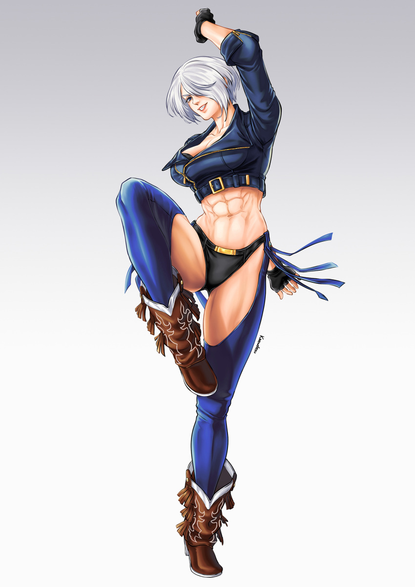 abs angel_(kof) backless_pants biceps blue_eyes boots bra breasts chaps cleavage cowboy_boots crop_top cropped_jacket female fingerless_gloves full_body gloves hair_over_one_eye highres jacket kd_kaewdesu large_breasts leather leather_jacket looking_at_viewer midriff muscular muscular_female navel obliques panties pants short_hair smile snk solo strapless strapless_bra the_king_of_fighters the_king_of_fighters_xiv thick_thighs thighs toned toned_female underwear white_hair