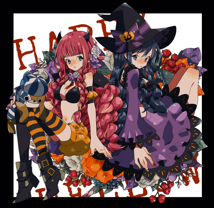 2girls baby_5 bikini black_bikini black_border blue_hair blunt_bangs boots border braided_sidelock cigarette commentary_request dress drill_hair flower full_body hair_flower hair_ornament happy_halloween hat highres horns kumacy long_hair long_sleeves looking_back mask mouth_mask multiple_girls noise_pp one_piece perona pink_hair puffy_shorts purple_dress shorts stuffed_toy swimsuit thighhighs very_long_hair white_background witch_hat