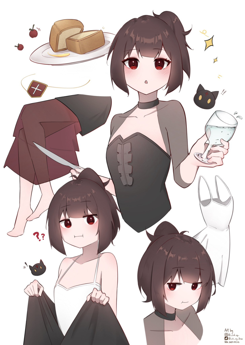 ! !! barefoot blush camisole chomusuke cup dated feline female flat_chest food highres holding holding_cup holding_knife instagram_username knife kono_subarashii_sekai_ni_shukufuku_wo! lok_ng_draw looking_at_viewer megumin multiple_views no_nose parted_lips plate ponytail red_eyes red_skirt simple_background skirt sparkle twitter_username white_background white_camisole