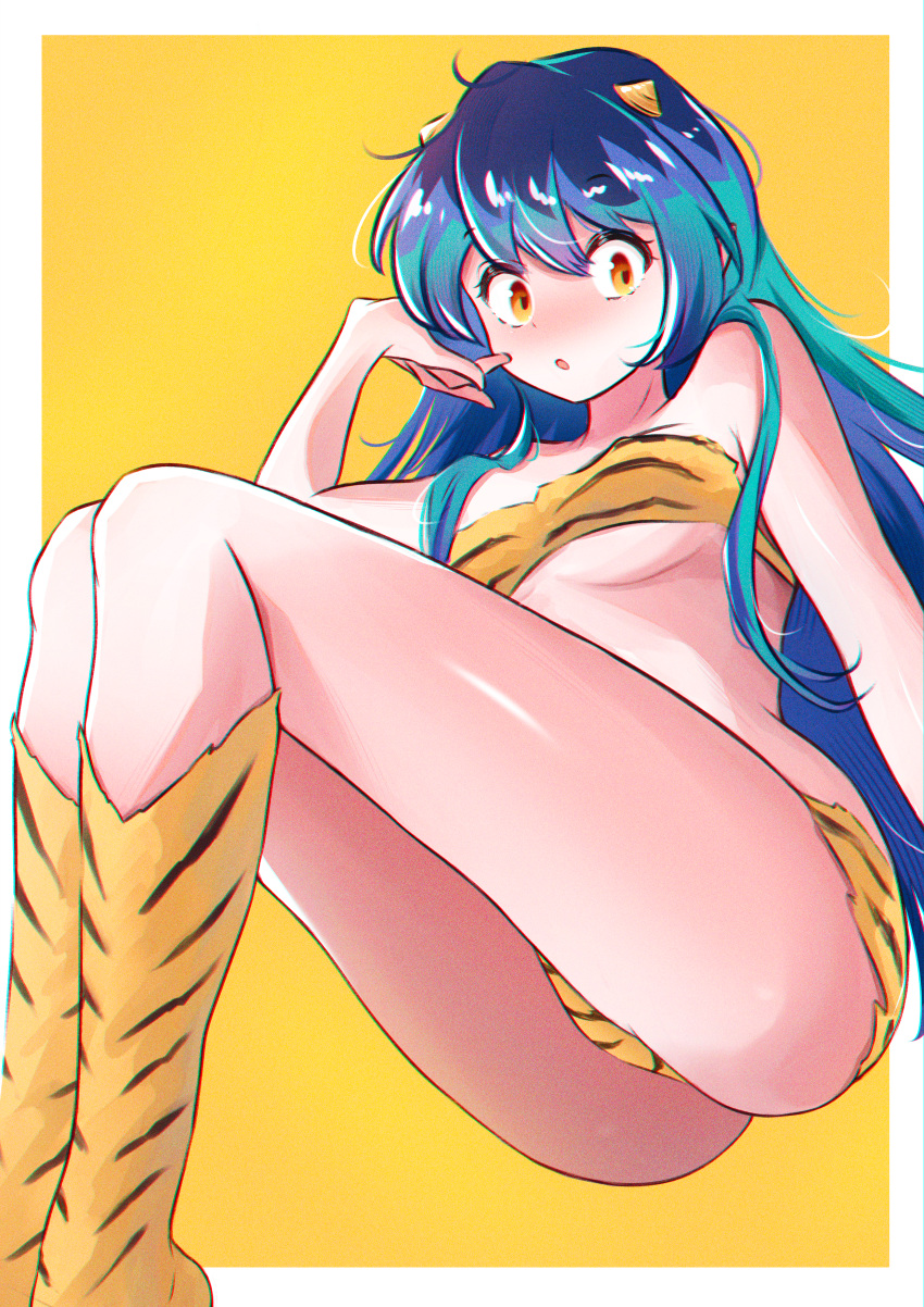 absurdres animal_print ass bikini breasts female green_hair highres horns looking_at_viewer lum medium_breasts oni solo swimsuit thinkuwu tiger_print urusei_yatsura yellow_eyes