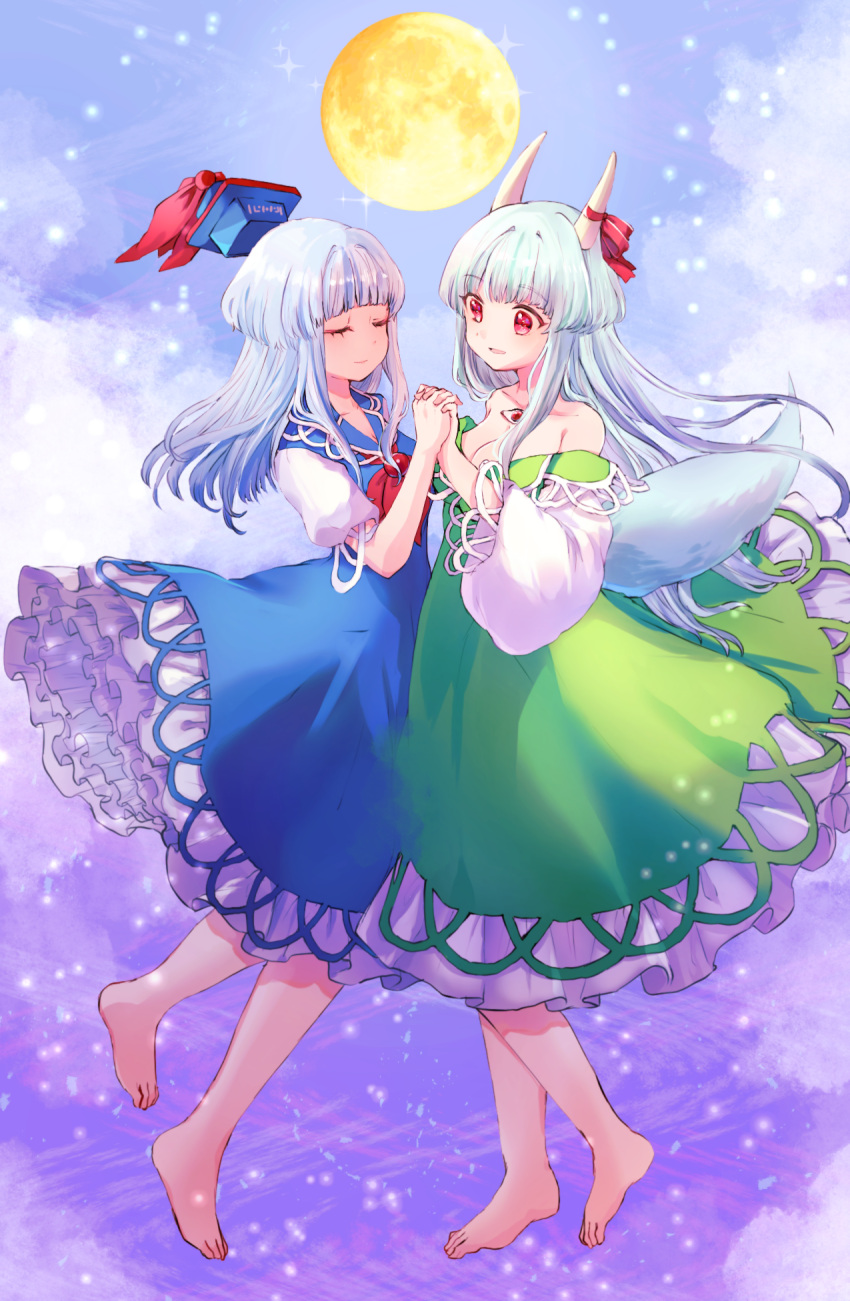 2girls bare_shoulders barefoot blue_dress breasts cleavage closed_eyes commentary_request dress dual_persona ex-keine frilled_dress frills full_body full_moon hat highres holding_hands horn_ornament horn_ribbon horns interlocked_fingers kamishirasawa_keine light_smile long_hair long_sleeves moon multiple_girls night off-shoulder_dress off_shoulder petticoat puffy_long_sleeves puffy_short_sleeves puffy_sleeves red_eyes red_ribbon ribbon short_sleeves shukinuko tail third_eye_on_chest touhou unworn_hat unworn_headwear