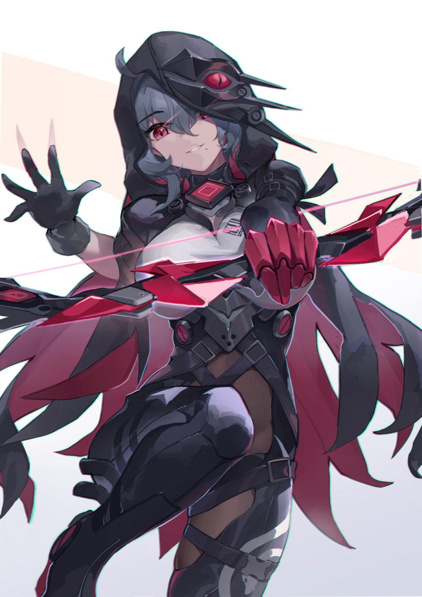 asc11 asymmetrical_hair black_bodysuit black_cloak black_footwear black_gloves black_hoodie bodysuit boots bow_(weapon) breasts cloak female gloves grey_hair highres holding holding_bow_(weapon) holding_weapon honkai_(series) honkai_impact_3rd hood hoodie large_breasts looking_at_viewer parted_lips raven_(honkai_impact) red_eyes red_gloves short_hair solo two-tone_background weapon