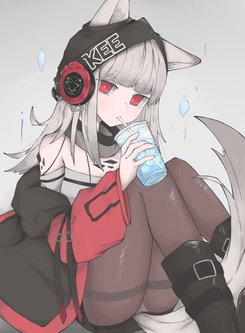 absurdres animal_ears arknights black_footwear black_hat blunt_bangs boots brown_pantyhose commentary detached_collar drink drinking drinking_straw ears_through_headwear female frostleaf_(arknights) full_body gradient_hair grey_background grey_hair hat headphones highres holding holding_drink ice ice_cube implied_extra_ears jacket knees_up looking_at_viewer material_growth medium_hair multicolored_hair nyo_(fy_1) open_clothes open_jacket oripathy_lesion_(arknights) pantyhose red_eyes red_jacket simple_background solo tail thigh_boots