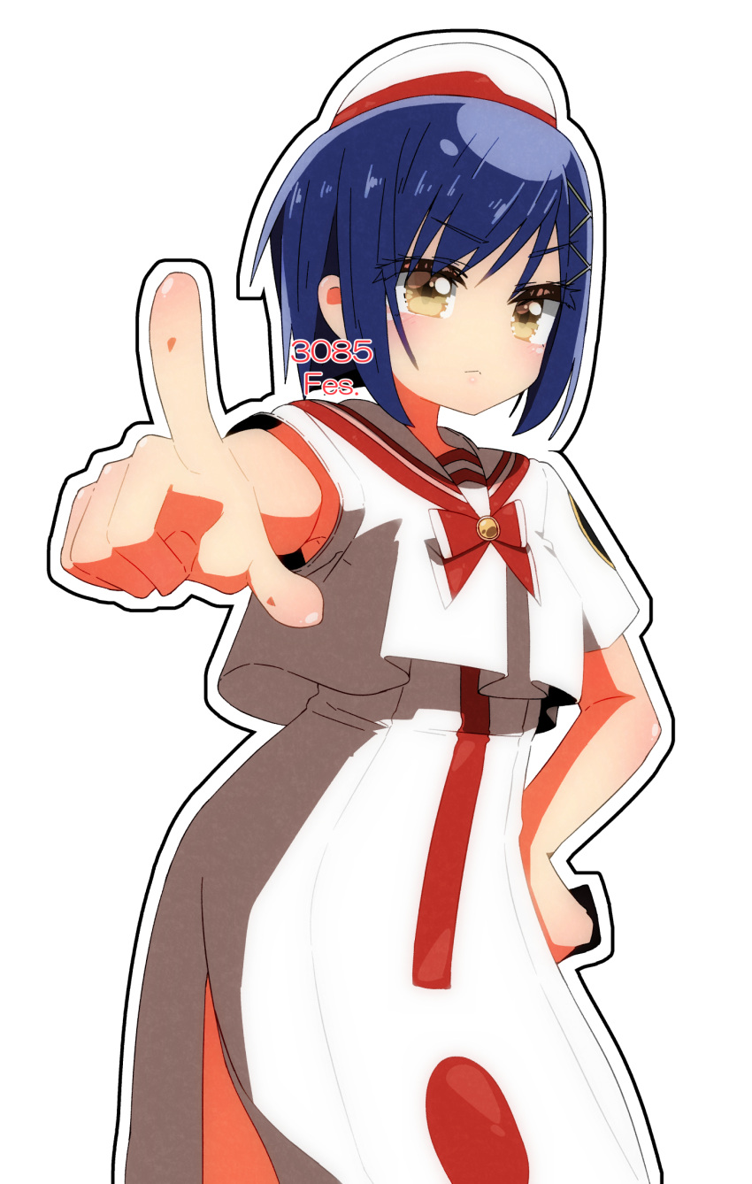 3085fes aika_granzchesta aria_(manga) armpit_peek blue_hair blush bow bowtie brown_eyes closed_mouth cowboy_shot dress eyelashes female hand_on_own_hip hat highres himeya_company_uniform outline pointing red_bow red_bowtie red_hat sailor_collar short_hair short_sleeves side_slit simple_background solo two-tone_hat white_background white_dress white_hat white_outline