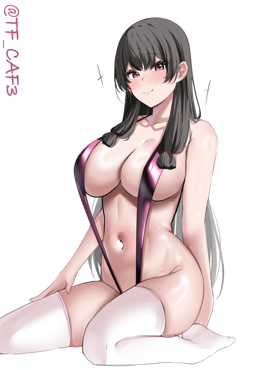 absurdres black_hair breasts female highres isokaze_(kancolle) kantai_collection large_breasts long_hair navel one-piece_swimsuit purple_one-piece_swimsuit red_eyes sitting slingshot_swimsuit solo sparkle swimsuit tf_cafe thighhighs twitter_username white_background white_thighhighs