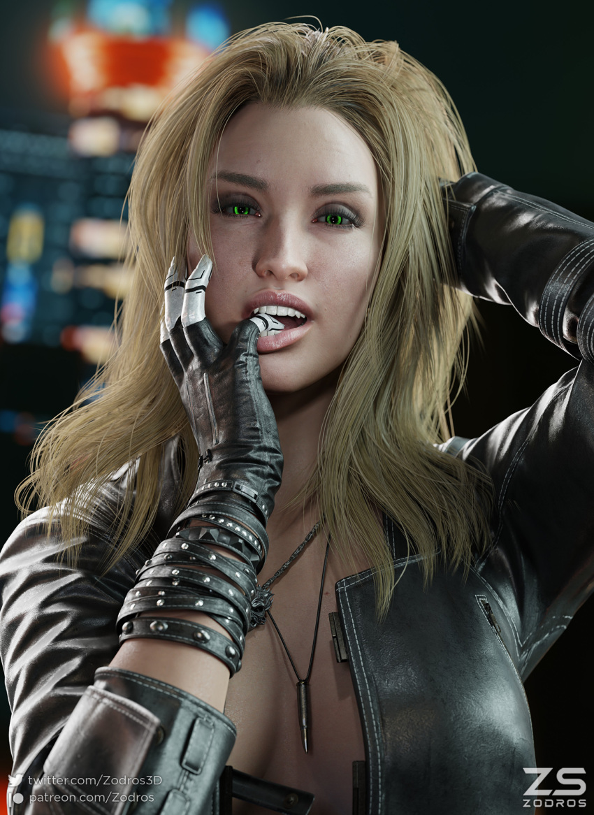 1girls 3d 3d_(artwork) 3dx alt_cunningham bite blender_(software) blonde_female blonde_hair bracelet bullet cleavage clothed clothed_female clothes coat cyberpunk_2077 eyes_glowing female finger_bite finger_in_mouth finger_to_mouth gloves glowing_eyes green_eyes hand_behind_head jacket light-skinned_female light_skin looking_at_viewer looking_pleasured necklace open_mouth pinup pinup_pose safe_for_work solo solo_female solo_focus zodros