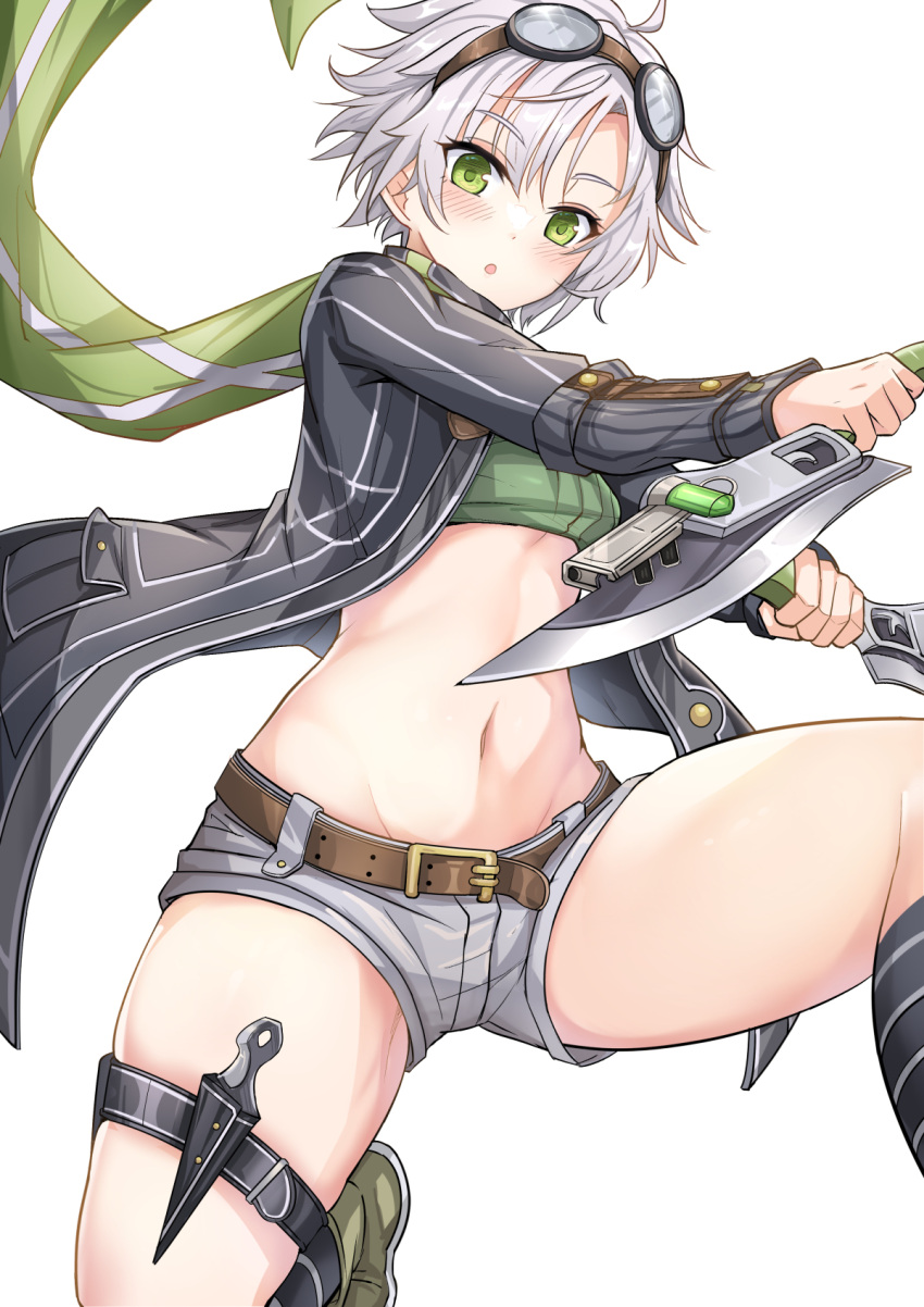 :o ahoge belt black_jacket black_socks blush breasts brown_belt commentary cropped_shirt dagger dual_wielding eiyuu_densetsu female fie_claussell floating_scarf goggles goggles_on_head green_eyes green_footwear green_shirt grey_hair grey_shorts groin gunblade hair_between_eyes highres holding holding_dagger holding_knife holding_weapon jacket kneehighs knife long_sleeves looking_at_viewer midriff navel open_clothes open_jacket scarf sen_no_kiseki_(series) sen_no_kiseki_ii shirt shoes short_hair short_shorts shorts sidelocks simple_background skindentation small_breasts socks solo thigh_strap weapon white_background yougenko