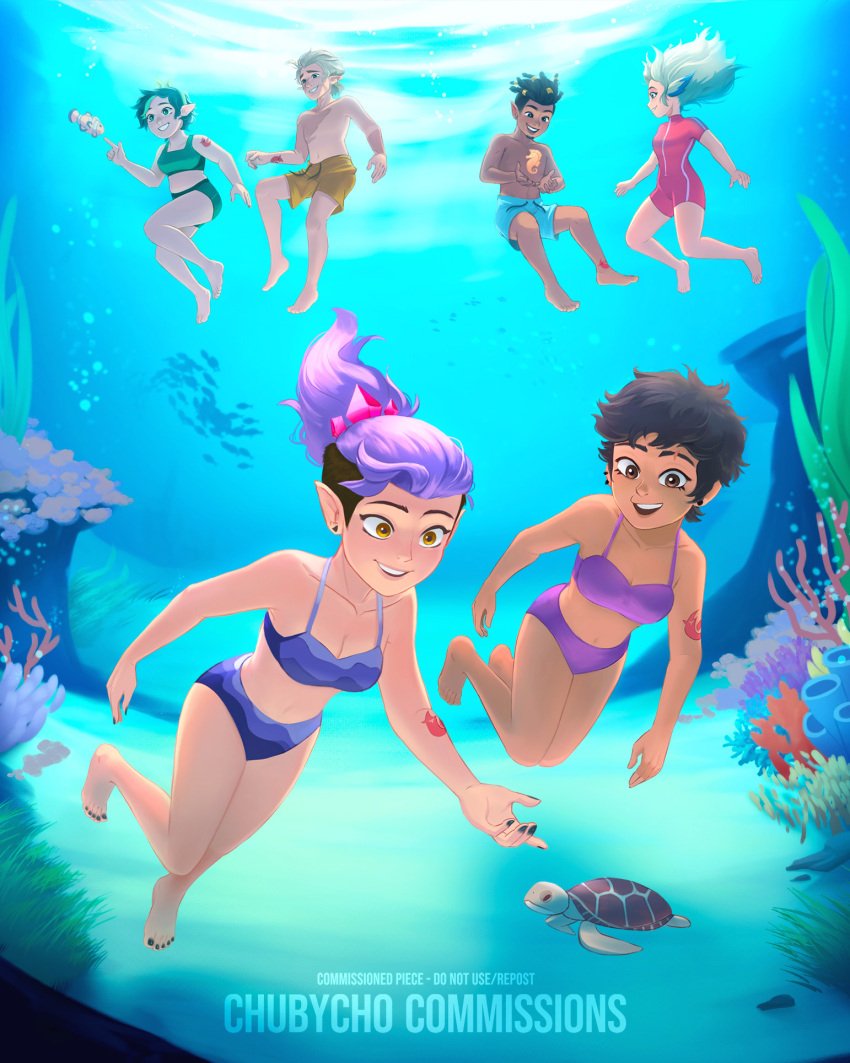 2boys 4girls air_bubble amity_blight barefoot bikini black_hair black_nails blue_bikini blue_male_swimwear breasts bubble chubycho cleavage clownfish coral dreadlocks fish green_bikini grey_hair gus_porter highres hunter_(the_owl_house) long_hair luz_noceda male_swimwear multiple_boys multiple_girls navel one-piece_swimsuit parted_lips pointy_ears ponytail print_bikini purple_bikini purple_hair red_one-piece_swimsuit seahorse short_hair smile submerged swimsuit tattoo the_owl_house topless_male turtle underwater vee_(the_owl_house) wide_shot willow_park yellow_male_swimwear