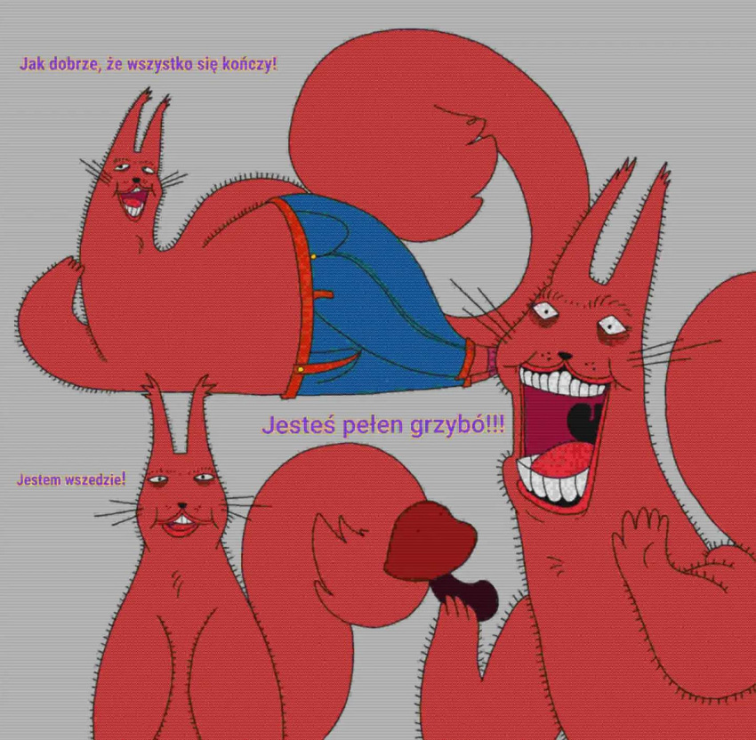 adam's_apple ambiguous_gender anthro blue_bottomwear blue_clothing blue_jeans blue_pants bottomwear clothing curled_tail demon denim denim_bottomwear denim_clothing dialogue eyebrows fungus fur grey_background hi_res jeans kraina_grzybow_tv lips long_ears looking_at_viewer lying maggie_(smile_guide) mammal mushroom on_side open_mouth orange_body orange_fur orange_tail pants plentyofsoup polish_text red_lips rodent sciurid simple_background tail text tree_squirrel unibrow whisker_spots whiskers white_eyes