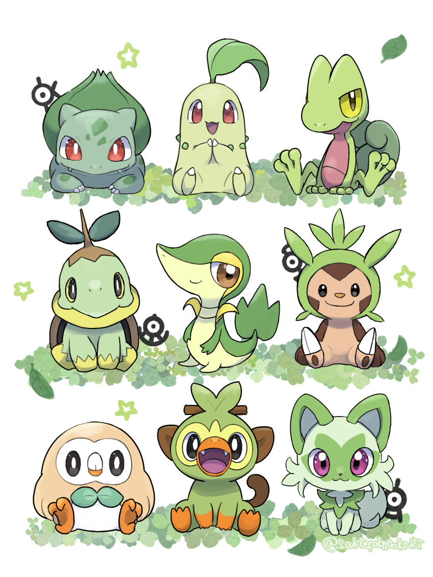 2024 3:4 ambiguous_gender anthro avian bulbasaur chespin chikorita countershade_face countershade_torso countershading elemental_creature felid feline feral flora_fauna generation_1_pokemon generation_2_pokemon generation_3_pokemon generation_4_pokemon generation_5_pokemon generation_6_pokemon generation_7_pokemon generation_8_pokemon generation_9_pokemon green_body grookey group hi_res mammal nintendo open_mouth open_smile plant pokemon pokemon_(species) rowlet saki_pokeoekaki scalie smile snivy sprigatito tail treecko turtwig unown_(pokemon)