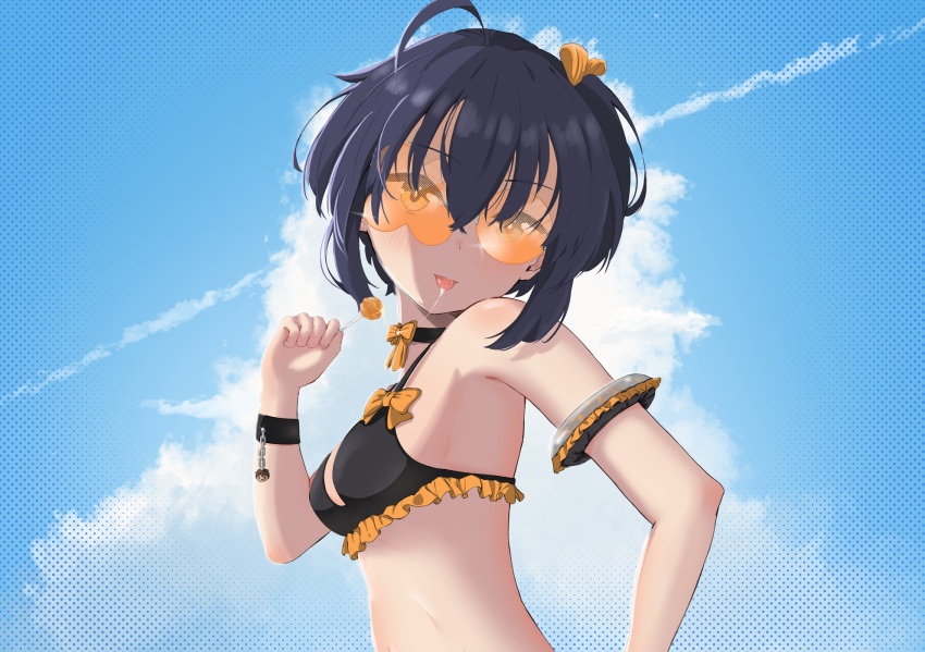 ahoge bikini black_bikini black_choker blue_hair bracelet breasts candy choker chuunibyou_demo_koi_ga_shitai! clover-shaped_eyewear dark_blue_hair day female food frilled_bikini frills glasses heterochromia highres holding holding_candy holding_food holding_lollipop inflatable_armbands jewelry lollipop looking_at_viewer orange-tinted_eyewear saliva saliva_trail short_hair sky small_breasts solo swimsuit takanashi_rikka tinted_eyewear tongue tongue_out upper_body vynn