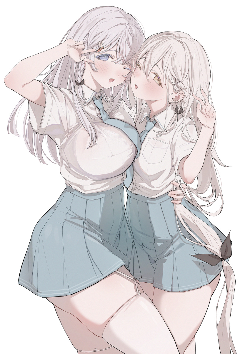 2girls ;d absurdres aqua_skirt asymmetrical_docking blush bra bra_visible_through_clothes braid breast_press breasts garter_straps grey_hair hand_on_another's_waist highres huge_breasts karya long_hair looking_at_viewer multiple_girls one_eye_closed original pleated_skirt shirt shirt_tucked_in short_sleeves simple_background single_braid skindentation skirt small_breasts smile thighhighs underwear very_long_hair w white_background white_bra white_garter_straps white_shirt white_thighhighs