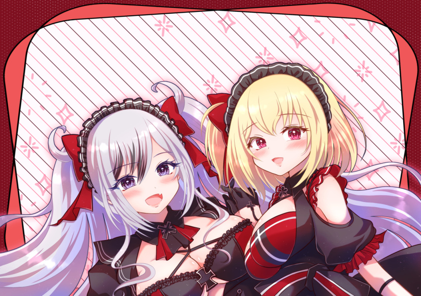 2girls :d asymmetrical_docking azur_lane bare_shoulders black_dress black_hair blonde_hair blush breast_press breasts cleavage cleavage_cutout clothing_cutout cross dress elbe_(azur_lane) elbe_(time_to_show_off?)_(azur_lane) hair_between_eyes hair_over_one_eye hand_up happy holding_hands iron_cross large_breasts leipzig_(azur_lane) leipzig_(storefront_training)_(azur_lane) long_hair maid_headdress medium_breasts medium_hair momobesaeka multicolored_hair multiple_girls oerba_yun_fang off-shoulder_dress off_shoulder pink_eyes purple_eyes smile streaked_hair two-tone_hair upper_body very_long_hair white_hair