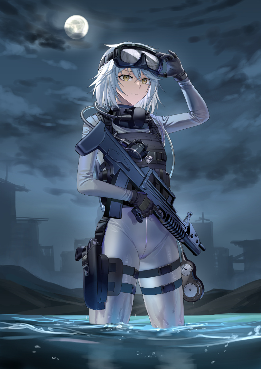 absurdres ads_assault_rifle assault_rifle black_gloves bodysuit bullpup commission diving_suit eyewear_on_head female frogman girls'_frontline_neural_cloud gloves goggles goggles_on_head grey_hair gun handgun highres landscape long_hair looking_at_viewer moon night night_sky partially_submerged pixiv_commission qbz-95 rifle scuba_gear sky skyline solo suprii tasha thigh_strap water weapon wetsuit yellow_eyes