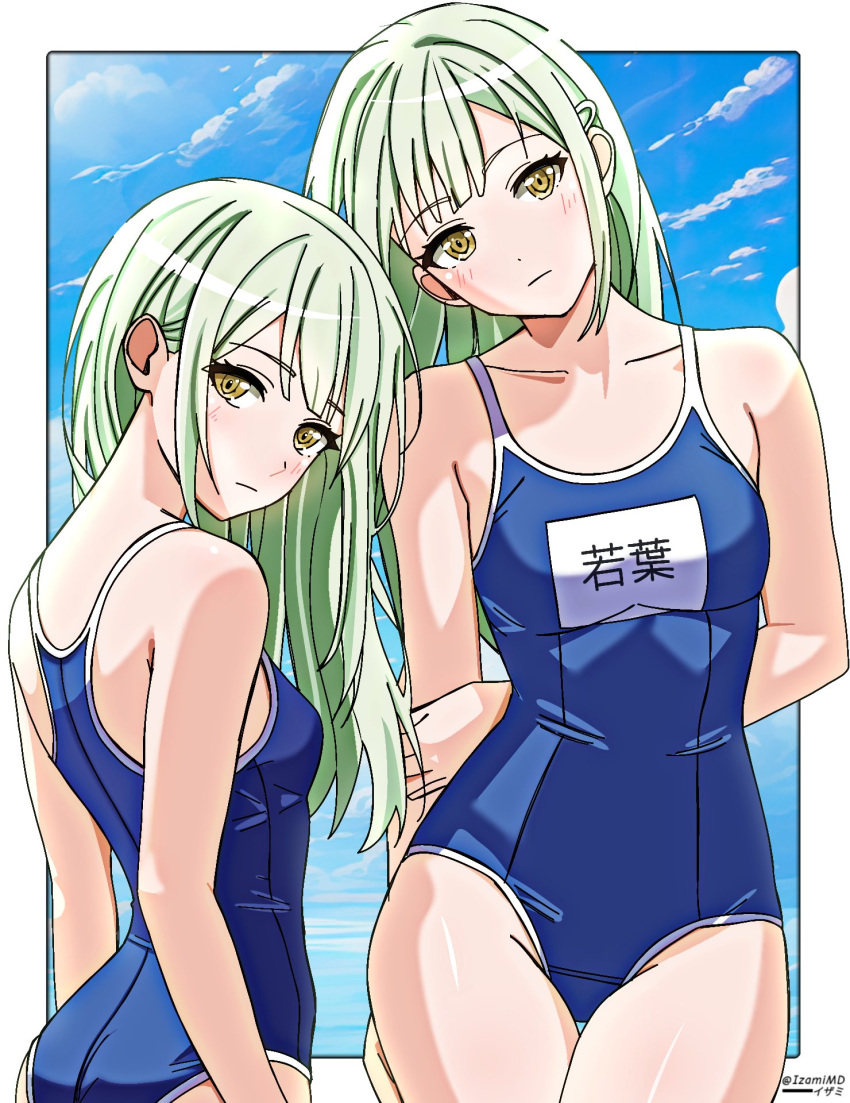 arm_behind_back bang_dream! bang_dream!_it's_mygo!!!!! blue_one-piece_swimsuit blush border breasts closed_mouth cloud collarbone commentary english_commentary female green_hair hair_ornament hairclip highres holding_own_arm izami_md long_hair looking_at_viewer multiple_views one-piece_swimsuit outside_border school_swimsuit sky small_breasts swimsuit translated twitter_username wakaba_mutsumi white_border yellow_eyes