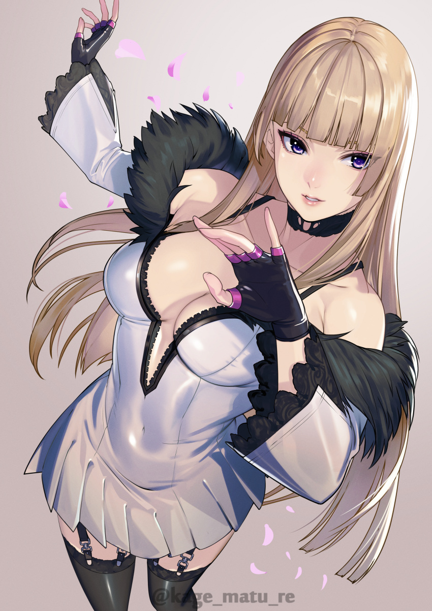 absurdres alternate_costume black_choker black_gloves black_thighhighs blonde_hair blunt_bangs breasts choker cleavage covered_navel dress female fingerless_gloves fur_trim gloves gradient_background highres kagematsuri lili_(tekken) long_hair looking_at_viewer medium_breasts off-shoulder_dress off_shoulder official_alternate_costume purple_eyes simple_background solo tekken tekken_8 thighhighs twitter_username upper_body white_background