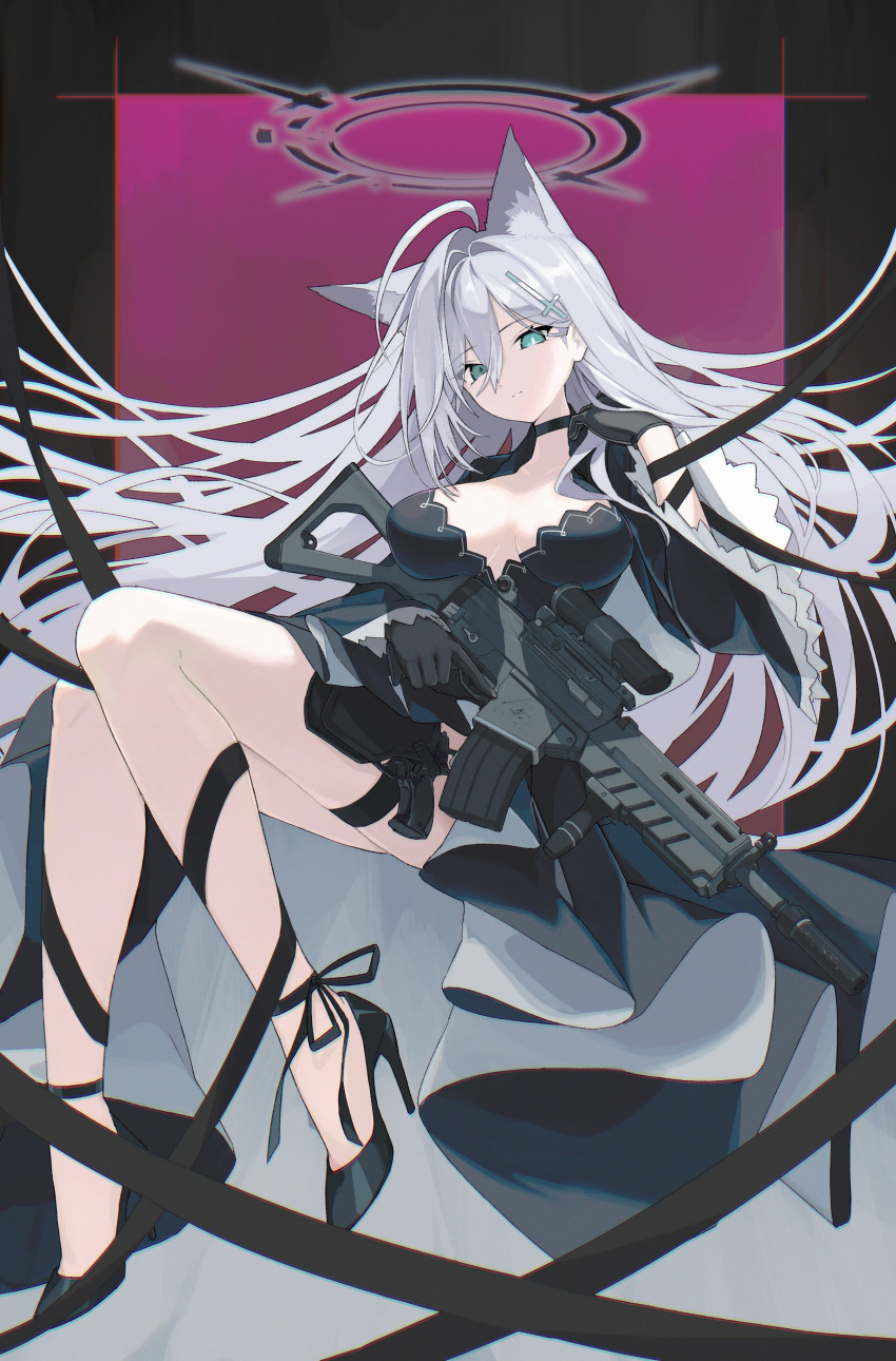 absurdres animal_ear_fluff animal_ears ashuho assault_rifle black_choker black_dress black_halo blue_archive broken_halo choker cross dark_halo dress extra_ears female grey_hair gun halo highres inverted_cross mismatched_pupils rifle shiroko_(blue_archive) shiroko_terror_(blue_archive) sig_556 sig_sauer solo weapon wolf_ears wolf_girl