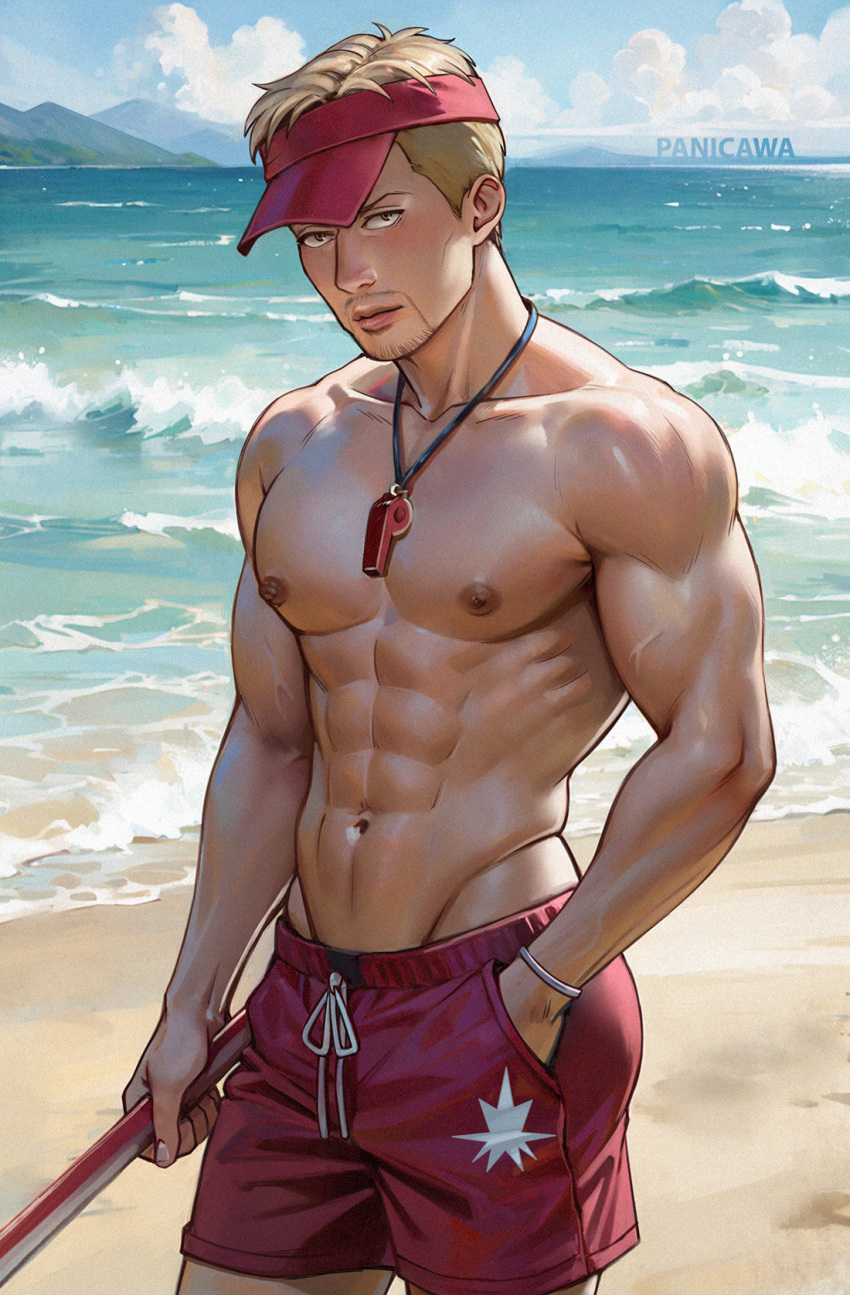 1boy abs adelheid_(moschiola) artist_name beach cloud commentary cowboy_shot facial_hair goatee hand_in_pocket highres holding male_focus male_swimwear mountain muscular muscular_male navel ocean red_swim_trunks reiner_braun ribs shingeki_no_kyojin solo swim_trunks veins visor_cap whistle whistle_around_neck