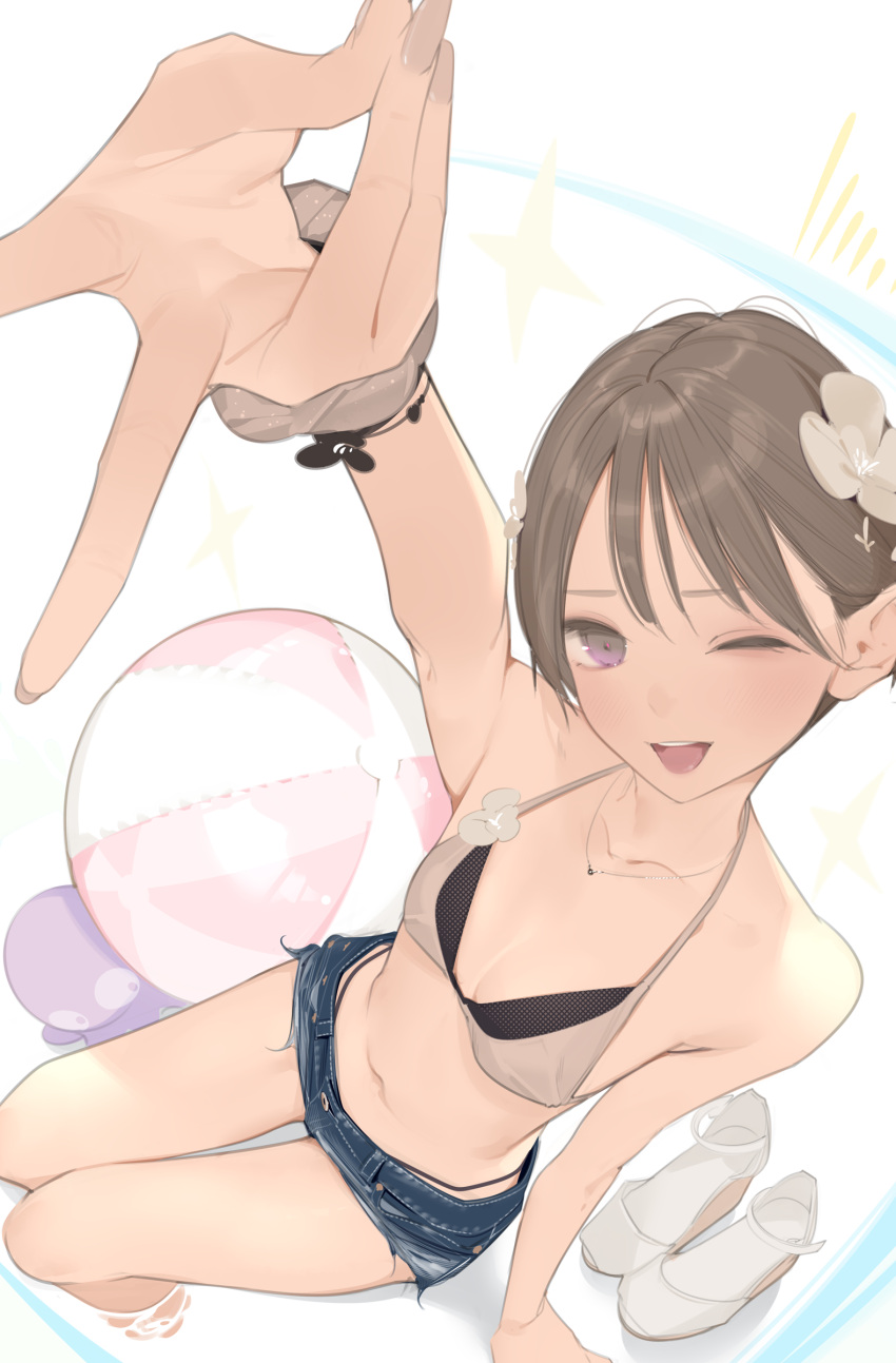 absurdres ama_mitsuki ball beachball bikini blue_shorts breasts brown_hair brown_scrunchie collarbone commentary denim female flower gyaru_v hair_flower hair_ornament halterneck highres jewelry looking_at_viewer navel necklace one_eye_closed open_mouth original purple_eyes scrunchie short_hair shorts small_breasts solo stomach swimsuit teeth upper_teeth_only v wrist_scrunchie