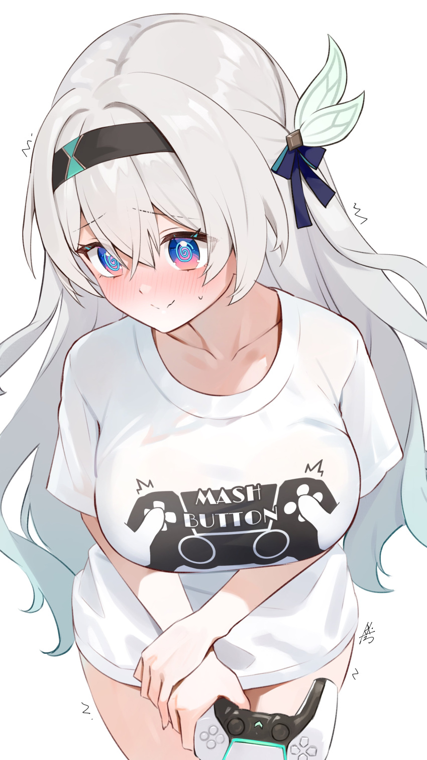 @_@ ^^^ absurdres alternate_costume averting_eyes black_hairband blush breasts closed_mouth collarbone commentary_request controller female firefly_(honkai:_star_rail) game_controller grey_hair hair_between_eyes hair_ornament hairband highres holding holding_controller holding_game_controller honkai:_star_rail honkai_(series) kkix25 large_breasts long_hair looking_to_the_side nose_blush purple_eyes shirt short_sleeves simple_background solo t-shirt wavy_mouth white_background white_shirt