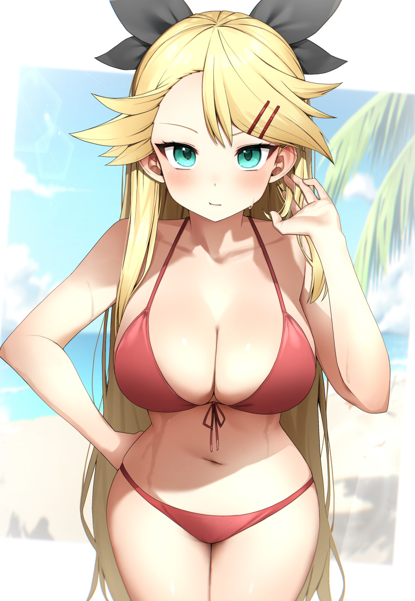 absurdres bikini blonde_hair breasts cleavage closed_mouth collarbone female front-tie_top green_eyes hair_ornament hairclip hand_on_own_hip highres large_breasts light_blush long_hair looking_at_viewer myrcia_(nyanko_daisensou) navel nyanko_daisensou palm_leaf pepushi_drow red_bikini solo standing stomach swimsuit