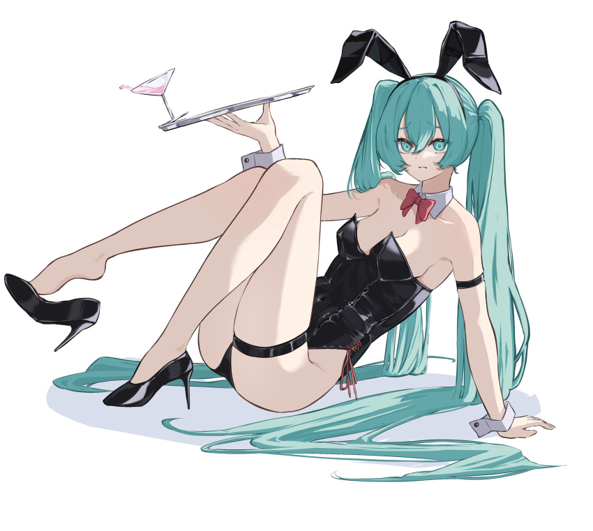 absurdres animal_ears aqua_eyes aqua_hair arm_strap armpits bare_legs bare_shoulders bow bowtie breasts cocktail cocktail_glass cup detached_collar dojikko drink drinking_glass fake_animal_ears female glass hatsune_miku high_heels highres holding holding_tray long_hair playboy_bunny red_bow red_bowtie red_ribbon ribbon shadow sideboob simple_background siro_o77 small_breasts solo thigh_strap tray twintails very_long_hair vocaloid water_drop white_background white_wrist_cuffs wrist_cuffs