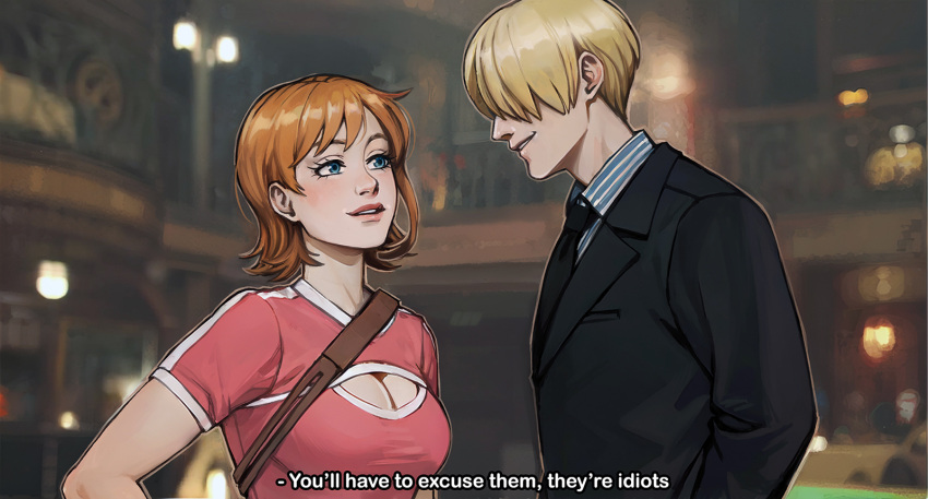 1boy adelheid_(moschiola) black_necktie black_suit blue_eyes breasts cleavage commentary english_commentary english_text female hair_over_one_eye highres medium_breasts nami_(one_piece) necktie one_piece one_piece_(live_action) orange_hair parted_lips photo_background sanji_(one_piece) shirt striped_clothes striped_shirt subtitled suit