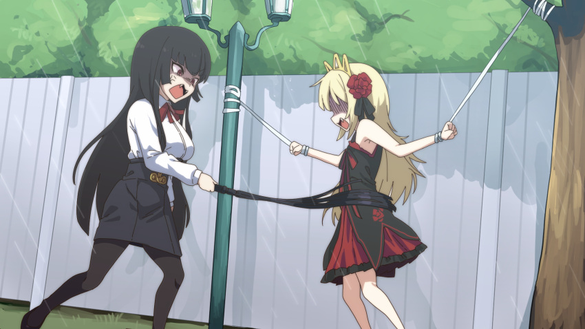 2girls anger_vein atre black_dress black_hair black_pantyhose black_skirt blonde_hair bound bound_wrists breasts brown_eyes cat_o'_nine_tails collared_shirt commentary_request crown day dress ecute fangs feet_out_of_frame fence flat_chest flogger flower fuka_(kantoku) hair_flower hair_ornament highres hime_cut jashin-chan_dropkick long_hair long_sleeves manatsu_no_yo_no_inmu medium_breasts multiple_girls oerba_yun_fang open_mouth outdoors pantyhose parody pencil_skirt red_dress red_flower shirt skirt slit_pupils sunlight tree two-tone_dress v-shaped_eyebrows whip whipping white_shirt