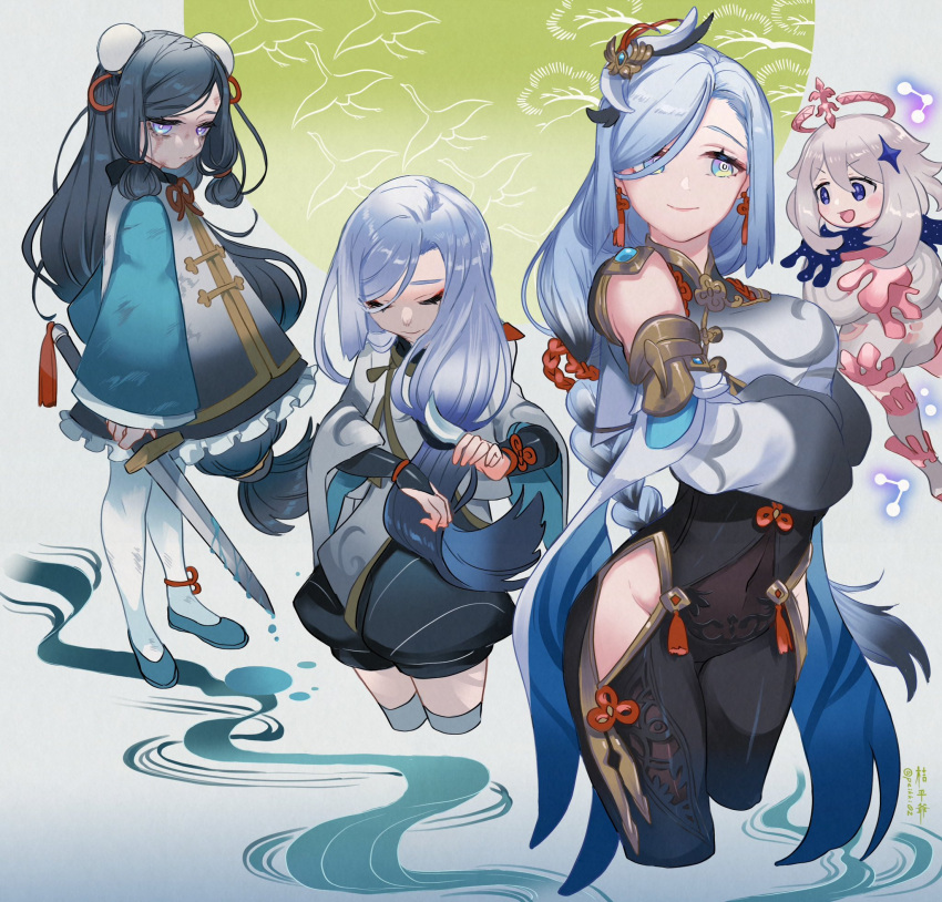 3girls :d age_progression arms_under_breasts blue_eyes breasts cropped_legs eyebrows_hidden_by_hair genshin_impact gold_trim groin hair_over_eyes highres kippeijii large_breasts light_smile long_hair looking_to_the_side multiple_girls paimon_(genshin_impact) petite romper shenhe_(genshin_impact) shenhe_(young)_(genshin_impact) sleeves_past_wrists smile white_romper