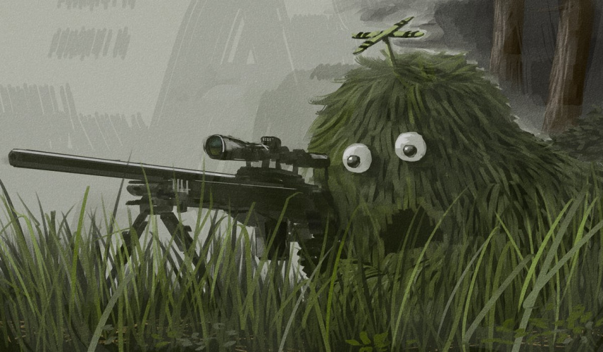 1other accuracy_international bush camouflage clover ghillie_suit googly_eyes grass gun hirake!_ponkikki lying mukku no_arms on_ground on_stomach open_mouth rifle scope skiba sniper_rifle spinning_top tree weapon what