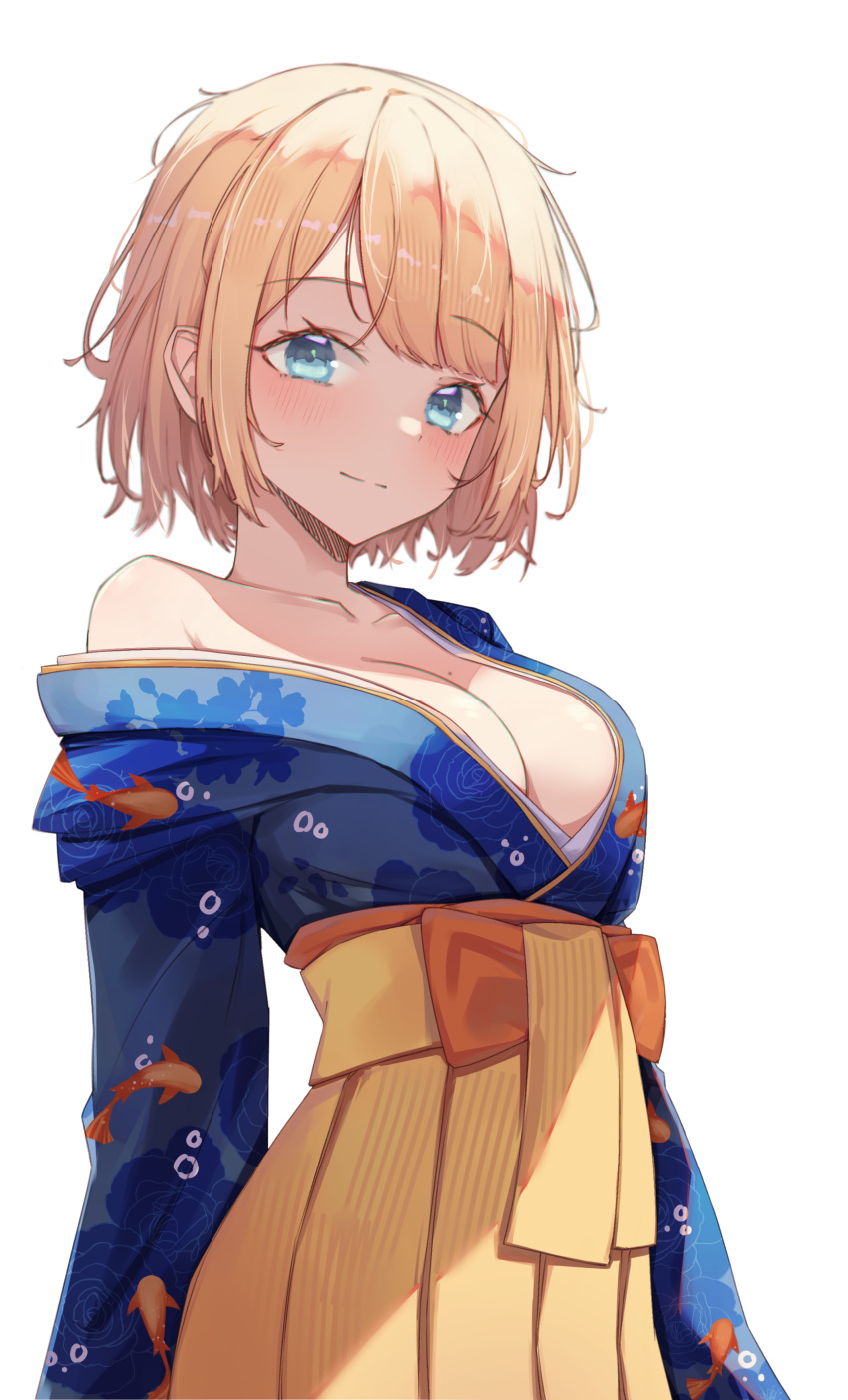 absurdres animal_print blonde_hair blue_eyes blue_kimono blush breasts bubble_print cleavage closed_mouth commentary female fish_print floral_print hakama highres hololive hololive_english japanese_clothes kimono koi large_breasts looking_at_viewer mole mole_on_breast obi official_alternate_costume sash shironekokfp short_hair simple_background single_bare_shoulder solo strap_slip upper_body virtual_youtuber watson_amelia watson_amelia_(new_year) white_background yellow_hakama