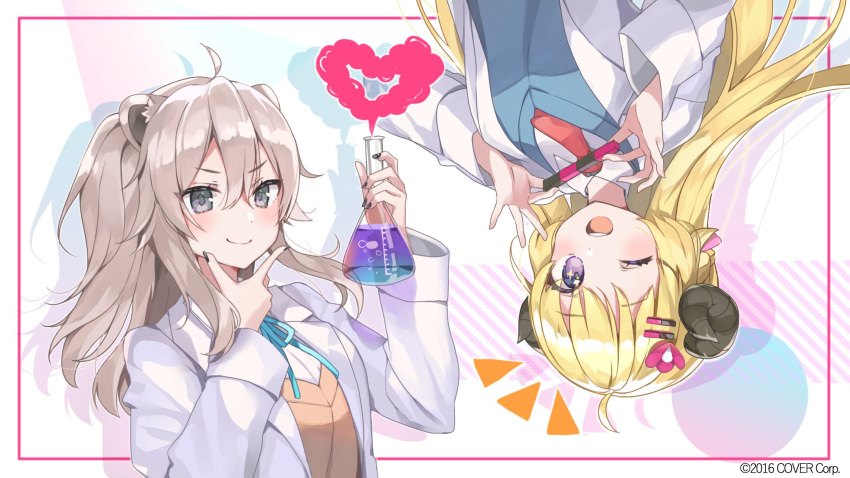 2girls :d ahoge animal_ears aqua_ribbon black_nails blonde_hair blue_ribbon blue_sweater_vest brown_sweater_vest coat commentary_request curled_horns erlenmeyer_flask flask flower grey_eyes grey_hair hair_flower hair_ornament heart highres holding holding_flask hololive horns index_finger_raised lab_coat lion_ears long_hair long_sleeves multiple_girls neck_ribbon necktie notice_lines official_art one_eye_closed open_mouth red_necktie ribbon sheep_ears sheep_girl sheep_horns shirt shishiro_botan smile smoke smoke_heart sweater_vest tsunomaki_watame turing_love two_side_up upside-down very_long_hair virtual_youtuber white_coat white_shirt yushima