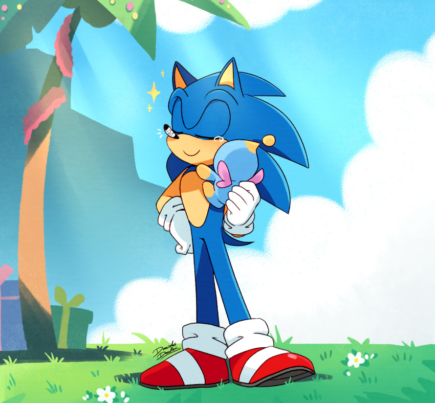 2019 ambiguous_gender anthro bodily_fluids chao_(sonic) clothing cloud danielasdoodles day duo eulipotyphlan flower footwear gift gloves grass handwear hedgehog hi_res male mammal palm_tree plant sega signature smile sonic_the_hedgehog sonic_the_hedgehog_(series) tears tree wings