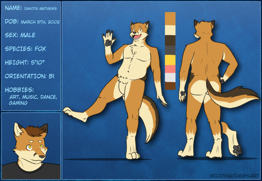 canid canine codyf0xx dakota_mathews english_text fox male mammal model_sheet red_fox solo text true_fox