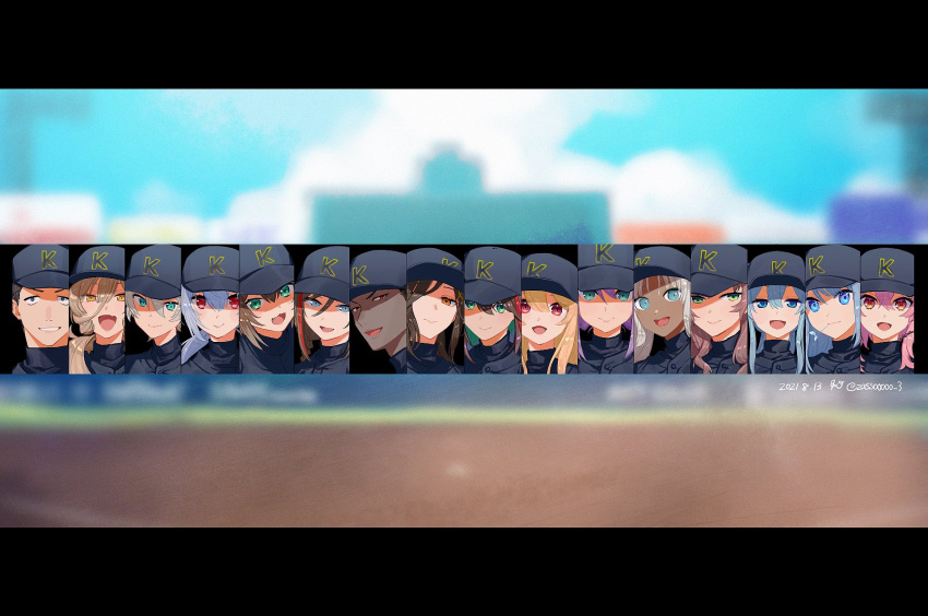 6+boys 6+girls annotated asuka_hina ban_hada baseball_cap baseball_uniform black_headwear blonde_hair blue_eyes blue_hair brown_hair colored_inner_hair dark-skinned_female dark-skinned_male dark_skin etna_crimson fumino_tamaki green_eyes green_hair grey_hair gwelu_os_gar hair_between_eyes hakase_fuyuki hat highres jikkyou_powerful_pro_yakyuu kurusu_natsume letterboxed multicolored_hair multiple_boys multiple_girls nijisanji nijisanji_en nijisanji_id nijisanji_kr nui_sociere oh_jiyu open_mouth pink_hair plant pomu_rainpuff purple_hair red_eyes red_hair rosemi_lovelock sakura_ritsuki shirayuki_tomoe smile sportswear streaked_hair thorns todoroki_kyouko v-shaped_eyebrows vines virtual_youtuber yashiro_kizuku yellow_eyes yuino_(kazuta) yukishiro_mahiro