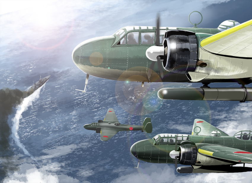 aircraft airplane cloud day flying g3m lens_flare matsuda_juukou military military_vehicle ocean original outdoors propeller sky sun_glare sunlight torpedo torpedo_bomber traditional_media vehicle_focus weapon world_war_ii