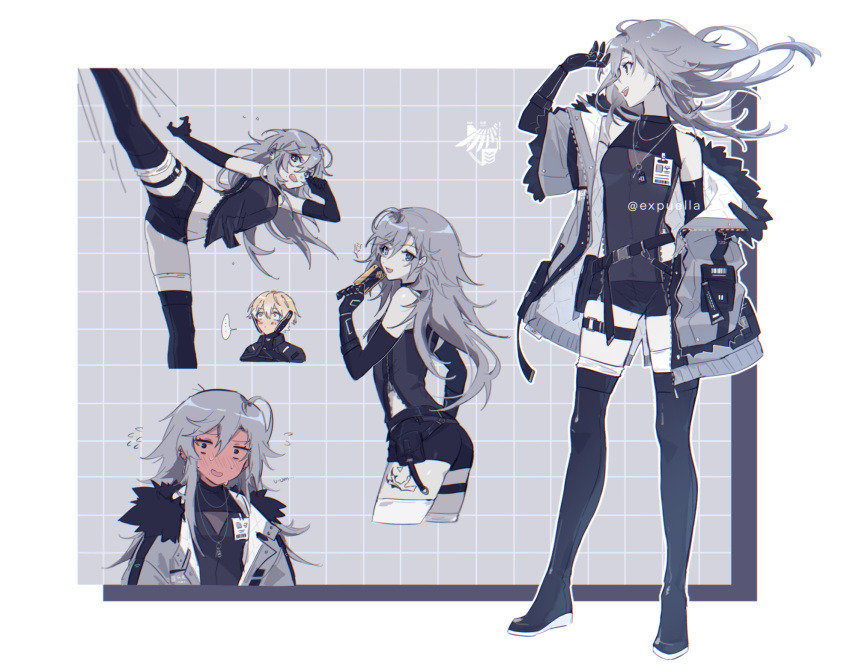 ... 1boy ahoge bare_shoulders black_shirt black_thighhighs blonde_hair blue_eyes blush colored_skin commandant_(punishing:_gray_raven) connie_(expuella) female fur-trimmed_jacket fur_trim grey_eyes grey_hair grey_jacket grey_skin highres jacket lee:_hyperreal_(punishing:_gray_raven) lee_(punishing:_gray_raven) leg_tattoo mao_(expuella) mechanical_arms multiple_persona punishing:_gray_raven shirt sleeveless sleeveless_shirt tattoo thighhighs