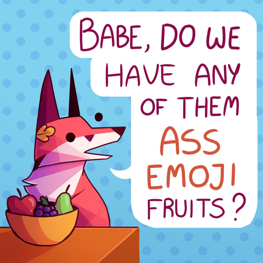 1:1 ambiguous_gender anthro asking asking_another blue_background canid canine dialogue dot_eyes english_text food fox fruit fruit_bowl fur glassshine hi_res highlighted_text hubert_(glassshine) humor long_ears mammal orange_body orange_fur plant question simple_background solo speech_bubble talking_to_another term_of_endearment text text_emphasis yes-no_question