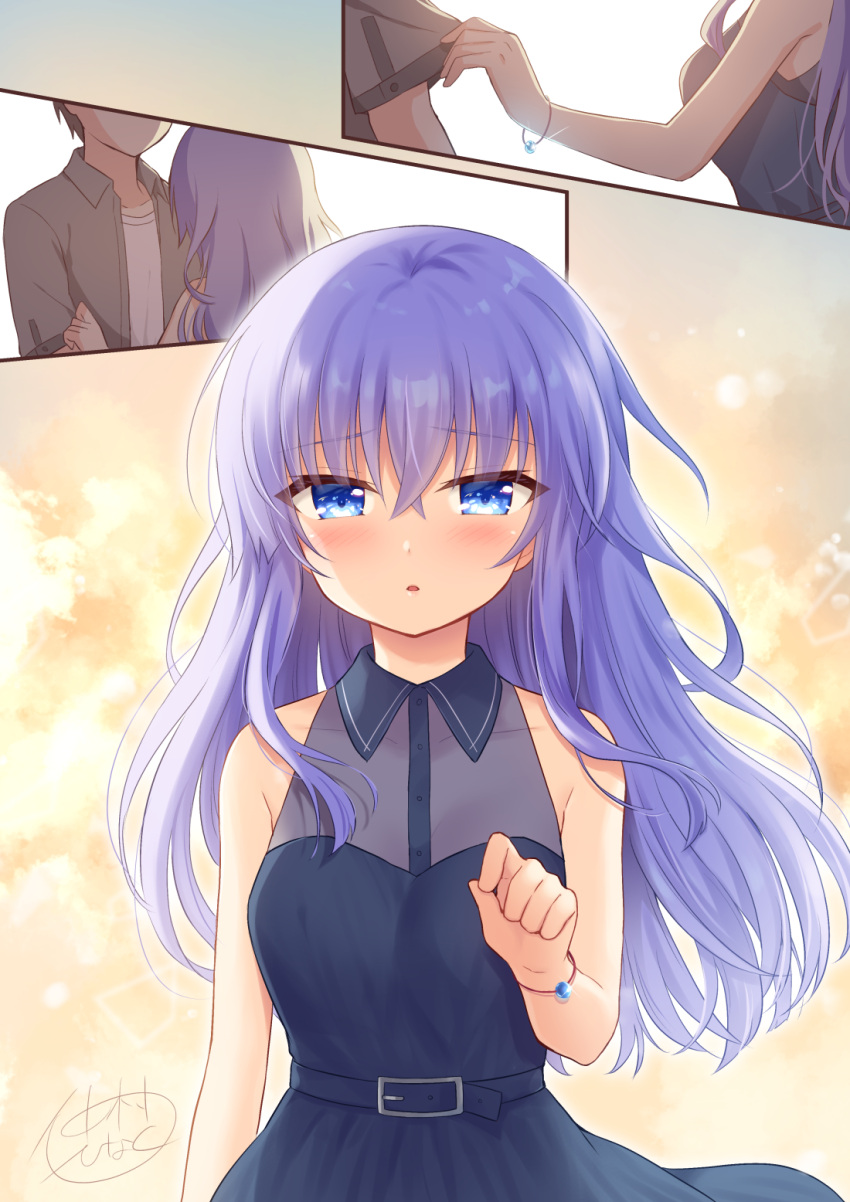 1boy bare_shoulders black_dress blue_eyes blush breasts brown_shirt collared_dress collared_shirt commentary_request commission covered_collarbone dress female hair_between_eyes highres long_hair looking_at_viewer nakamura_hinato open_clothes open_shirt parted_lips purple_hair shirt skeb_commission sleeveless sleeveless_dress small_breasts sorakado_ai summer_pockets very_long_hair white_shirt