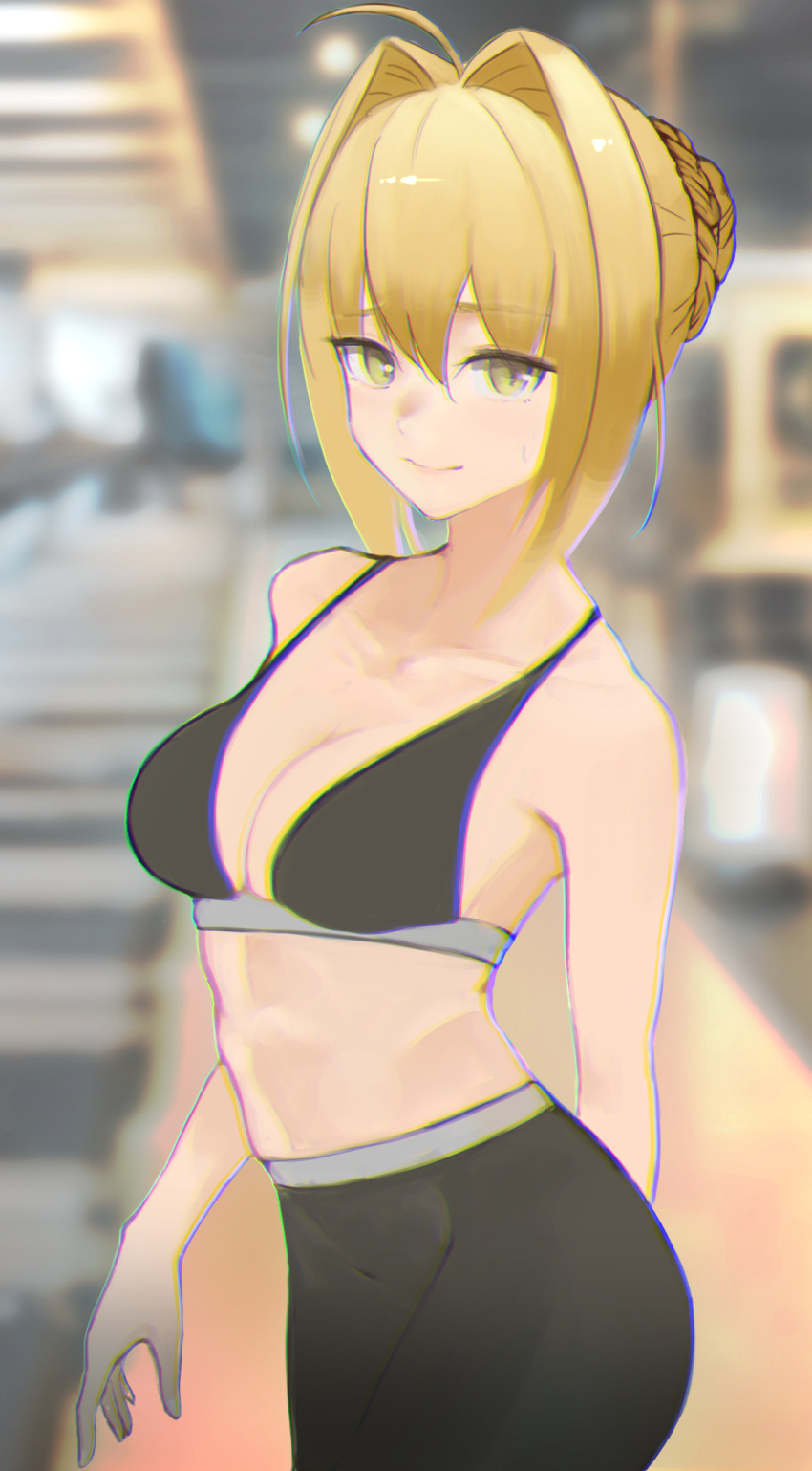 ahoge bare_shoulders black_pants black_sports_bra blonde_hair blush braid breasts cleavage collarbone commission fate/extra fate_(series) female french_braid green_eyes hair_bun hair_intakes highres large_breasts long_hair looking_at_viewer navel nero_claudius_(fate) nero_claudius_(fate/extra) pants pixiv_commission single_hair_bun smile solo sports_bra thighs tight_clothes tight_pants vantsuki yoga_pants