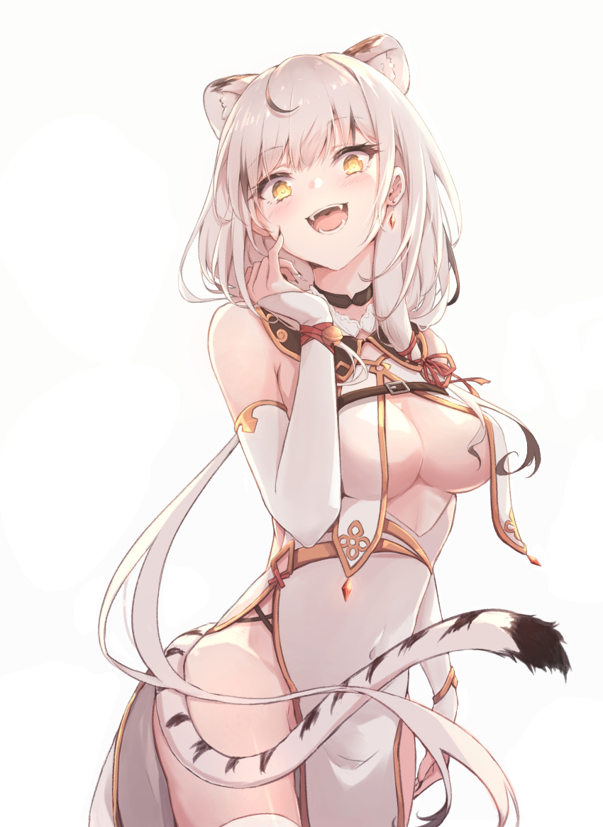 :d absurdres animal_ear_fluff animal_ears bare_shoulders breasts cleavage commentary covered_navel detached_sleeves dress earrings fangs female fingernails grey_background grey_hair hakuya_(white_night) hand_up highres jewelry long_fingernails long_hair long_sleeves looking_at_viewer medium_breasts original pelvic_curtain sharp_fingernails simple_background sleeveless sleeveless_dress sleeves_past_wrists smile solo tail thighhighs tiger_ears tiger_girl tiger_tail white_dress white_sleeves white_thighhighs yellow_eyes