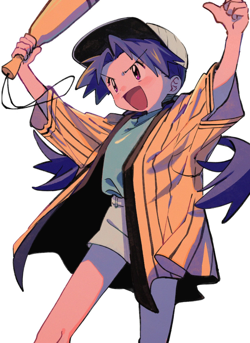 :d arms_up baseball_cap casey_(pokemon) commentary_request excited eyelashes female green_shirt hat highres jacket knees long_hair ok_ko19 open_clothes open_jacket open_mouth pokemon pokemon_(anime) pokemon_(classic_anime) purple_eyes purple_hair shirt shorts simple_background smile solo thumbs_up twintails white_background yellow_jacket