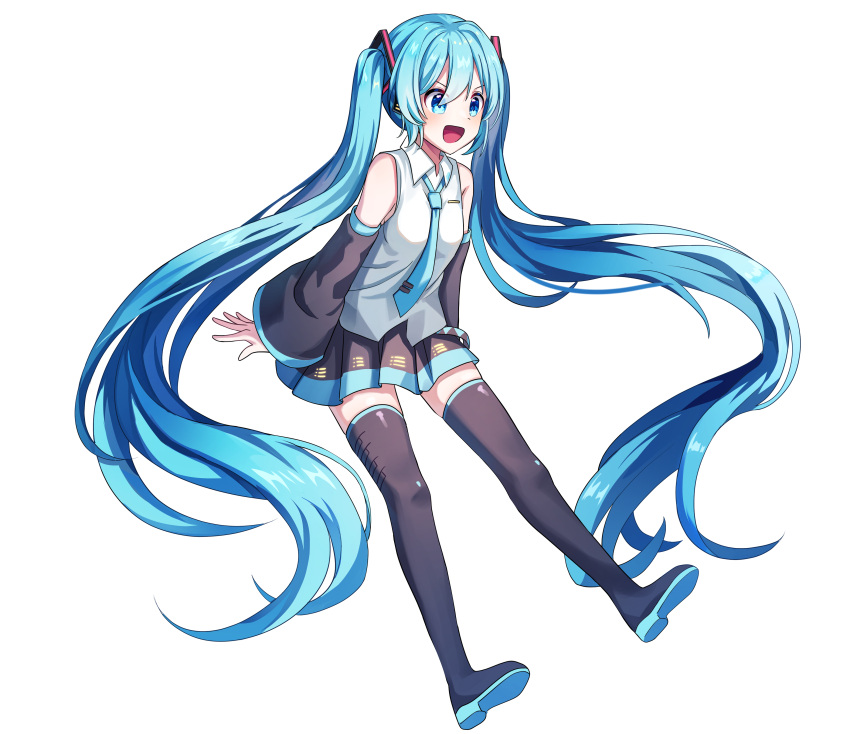 :d absurdly_long_hair absurdres black_footwear black_skirt black_sleeves blue_eyes blue_hair blue_necktie boots collared_shirt detached_sleeves female floating_hair full_body hair_between_eyes hair_ornament hatsune_miku highres ille_(xcpa7325) long_hair long_sleeves miniskirt necktie pleated_skirt shirt skirt sleeveless sleeveless_shirt smile solo thigh_boots thighhighs twintails v-shaped_eyebrows very_long_hair vocaloid white_shirt wing_collar zettai_ryouiki