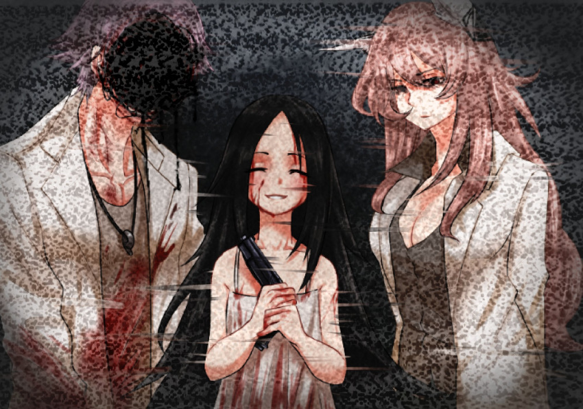 1boy 2girls animal_ears arms_behind_back black_background black_hair blood blood_on_clothes blood_on_face blood_on_hands blood_stain cat_ears closed_eyes coat collarbone commentary covered_face dress english_commentary facing_viewer fake_animal_ears girls'_frontline grey_shirt grin gun hair_between_eyes highres holding holding_gun holding_weapon horror_(theme) ingukoon jewelry korean_commentary lab_coat light_blush long_hair lunasia_(girls'_frontline) lycoris_(girls'_frontline) multiple_girls necklace parted_bangs persica_(girls'_frontline) pink_hair sangvis_ferri serious shirt sleeveless sleeveless_dress smile static turn_pale weapon white_coat white_dress