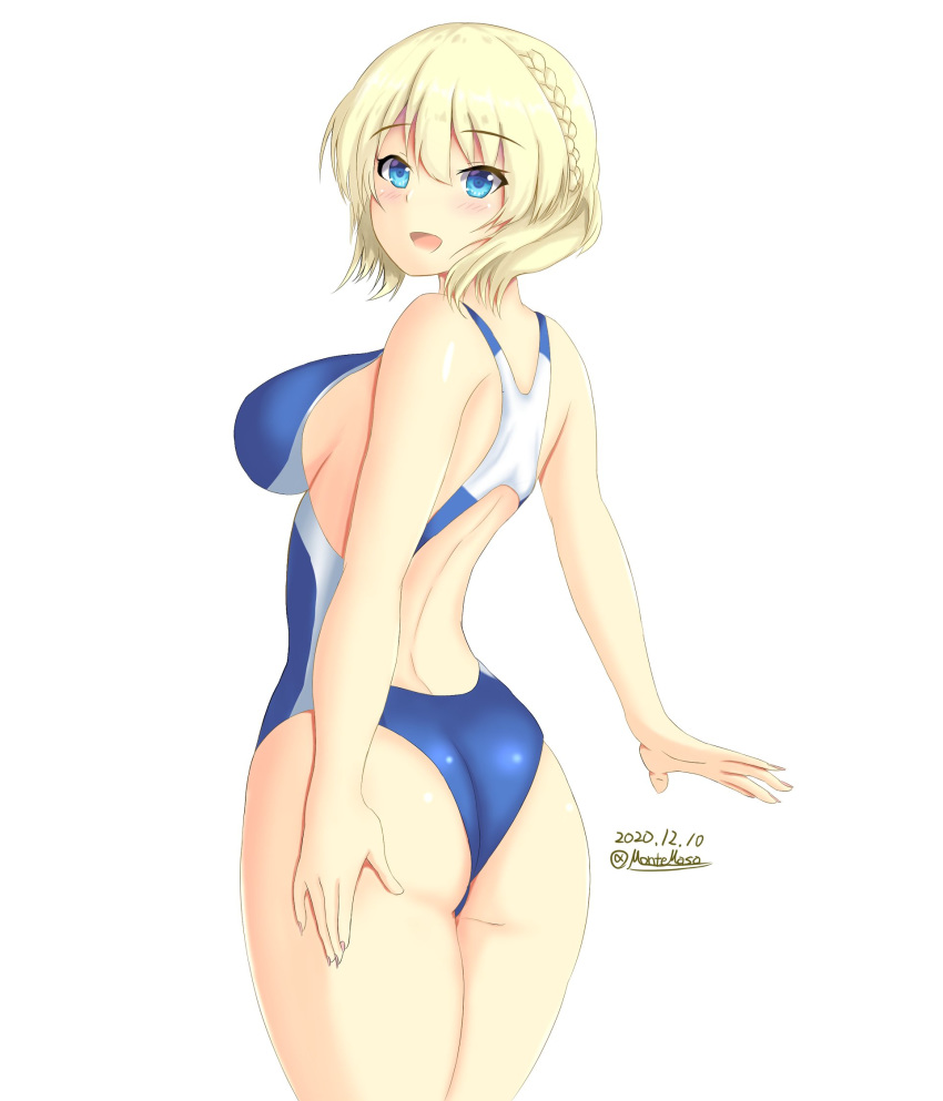 artistic_error ass bikini blonde_hair blue_eyes blue_one-piece_swimsuit braid breasts colorado_(kancolle) commentary_request competition_swimsuit cowboy_shot dated female from_behind highres kantai_collection large_breasts looking_at_viewer looking_back montemasa one-piece_swimsuit short_hair side-tie_bikini_bottom side_braids sideboob simple_background solo standing swimsuit twitter_username white_background wrong_hand