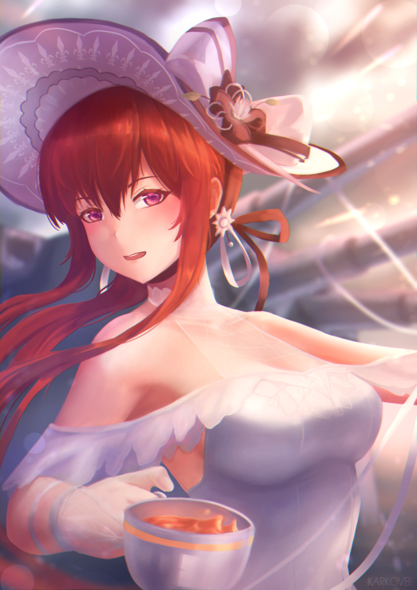 artist_name azur_lane bare_shoulders cocktail_dress cup dress female hair_between_eyes hat highres holding holding_cup karkovb152 long_hair looking_at_viewer monarch_(azur_lane) monarch_(white_warrick)_(azur_lane) official_alternate_costume purple_eyes red_hair red_ribbon ribbon see-through solo sun_hat teacup upper_body white_dress white_hat