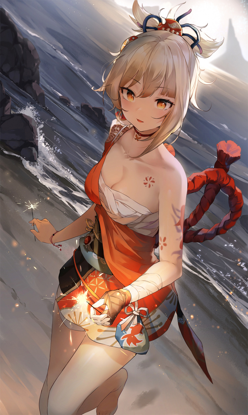 absurdres bandaged_arm bandages bare_shoulders beach blonde_hair breasts chest_sarashi chest_tattoo choker cleavage female fireworks genshin_impact hadanugi_dousa hair_ornament highres holding japanese_clothes kimono long_hair looking_at_viewer medium_breasts obi orange_eyes outdoors parted_lips rope sarashi sash short_kimono short_ponytail shoulder_tattoo smile snozaki solo sparkler tattoo thighs yoimiya_(genshin_impact)