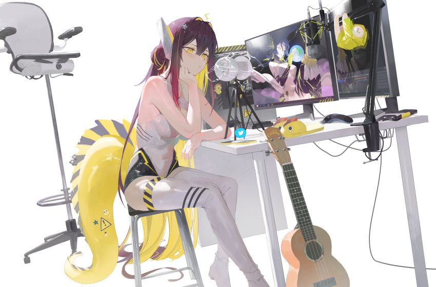 absurdres ahoge asmr at_computer binaural_microphone blonde_hair boots breasts brown_hair cellphone chair colored_inner_hair computer_keyboard computer_mouse darr1o eel_girl female fins fish_tail guitar hair_ornament hand_rest highres idol_corp instrument juna_unagi large_breasts leotard lightning_ahoge looking_at_viewer microphone monitor multicolored_hair office_chair phone second-party_source solo star_(symbol) star_hair_ornament streaked_hair swivel_chair tail thigh_boots thighhighs virtual_youtuber white_footwear white_leotard white_thighhighs yellow_eyes