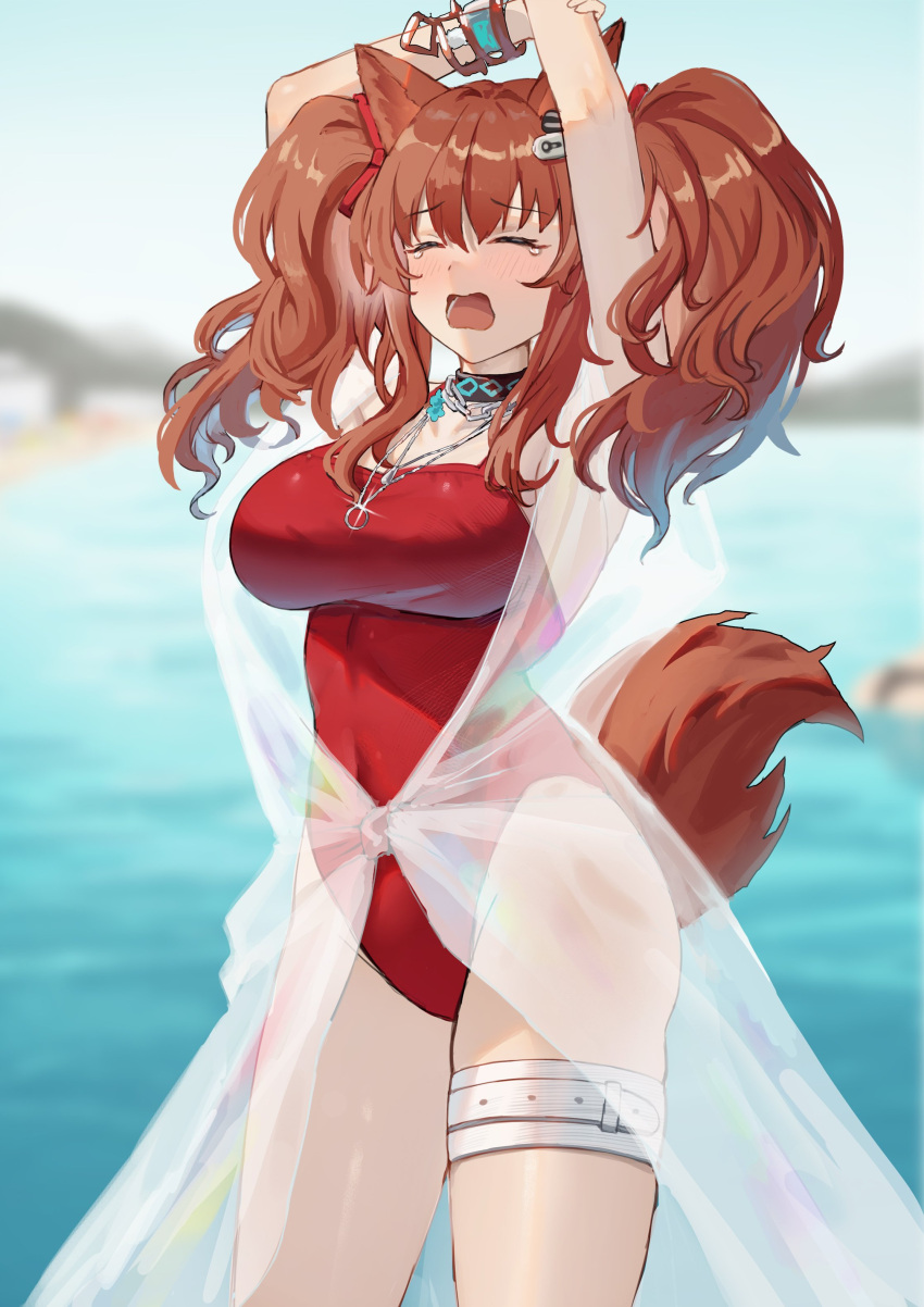 absurdres aer7o angelina_(arknights) angelina_(summer_flower)_(arknights) animal_ears arknights arms_up black_collar blush breasts brown_hair casual_one-piece_swimsuit closed_eyes collar commentary cowboy_shot earpiece female fox_ears fox_girl fox_tail hair_ribbon highres infection_monitor_(arknights) jewelry large_breasts long_hair necklace official_alternate_costume one-piece_swimsuit open_mouth outdoors red_one-piece_swimsuit red_ribbon ribbon see-through solo stretching swimsuit swimsuit_cover-up tail tears thigh_strap twintails water yawning